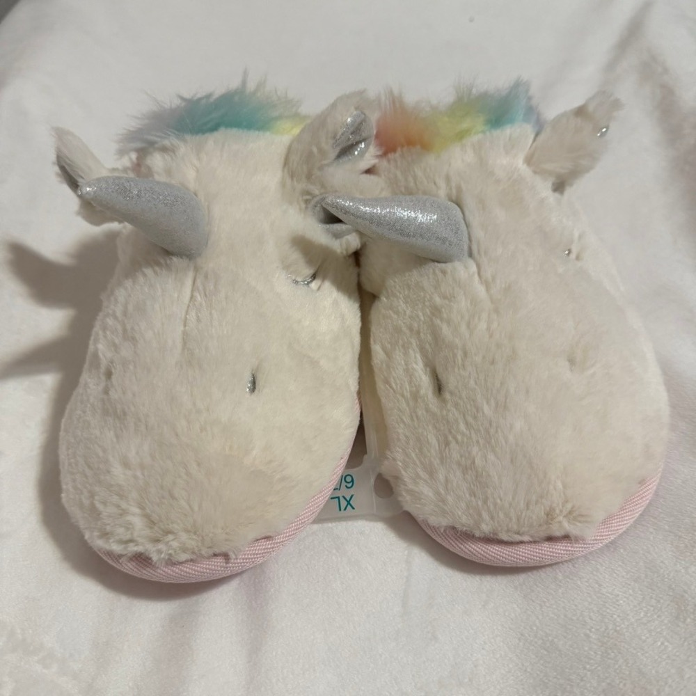 Cat & Jack Girls Unicorn Slippers Cream Faux Fur Rainbow Mane Silver Horn XL 6/7